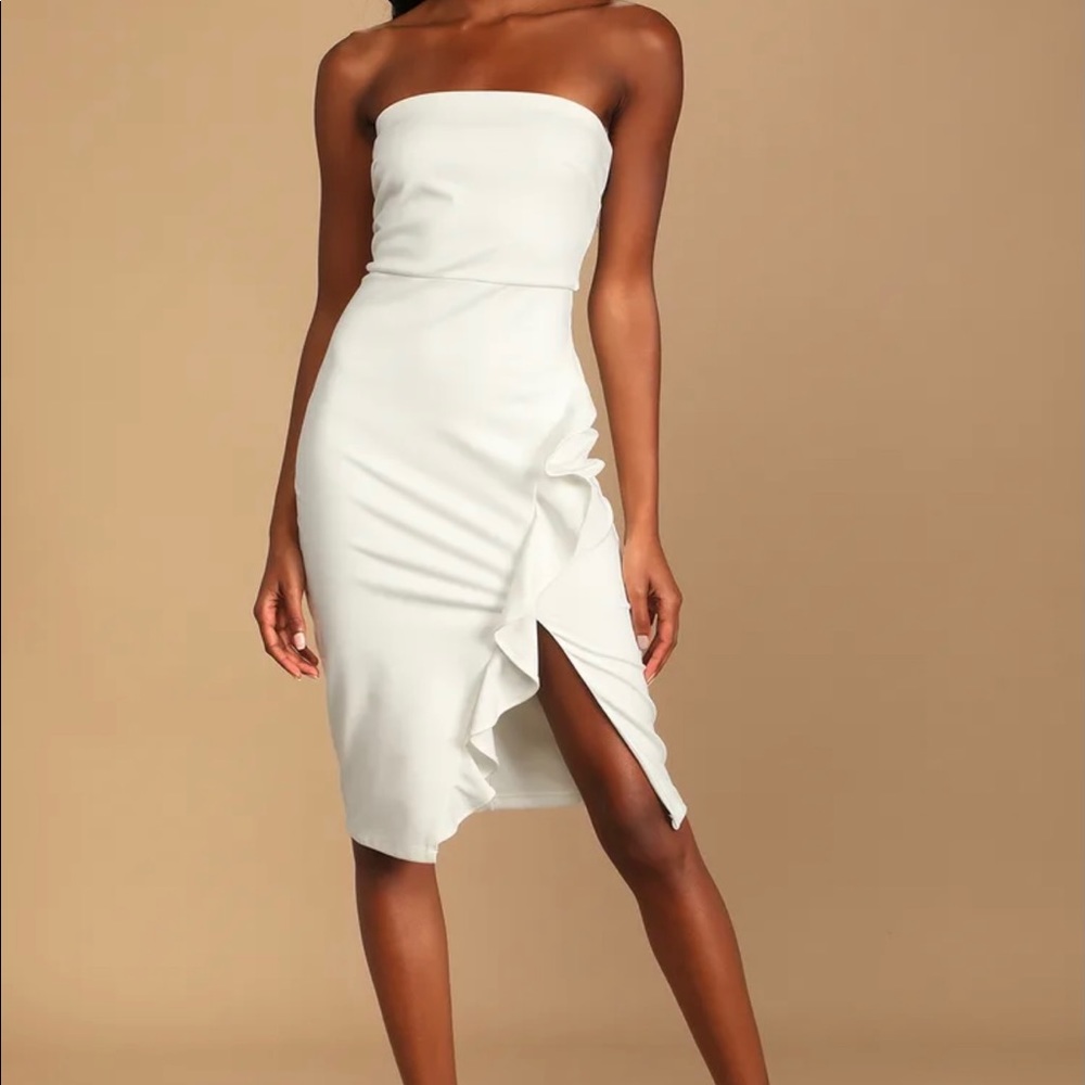 Anika White Ruffled Strapless Bodycon Dress
